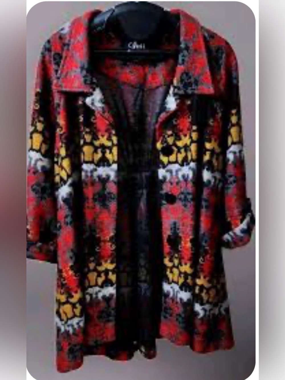 Luii for Anthropologie:  Red, Black, and Mustard Patterned Open-Front Jacket